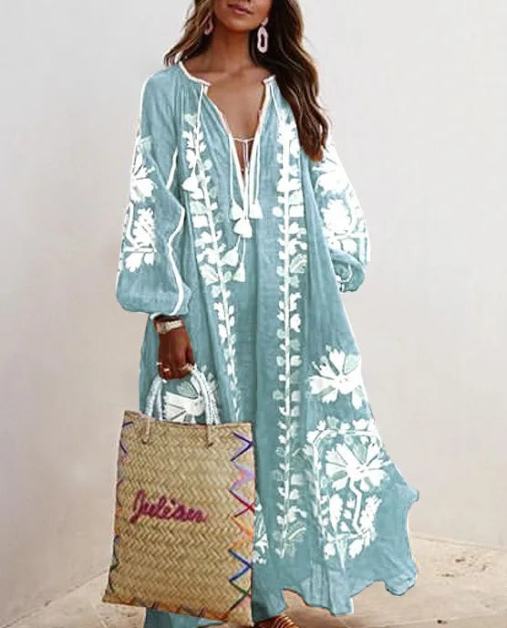 Boho Elegant Print MooMoo Dress For Women | Loose Luxury MooMoo V Neck |  Lace Up Big Hem MooMoo Dresses 2025|  Fashion New Lady MooMoo Robe